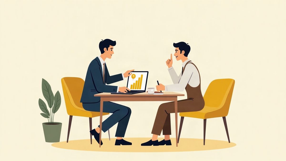 診断士と店主がテーブルでノートパソコンのグラフを一緒に見ているイラスト