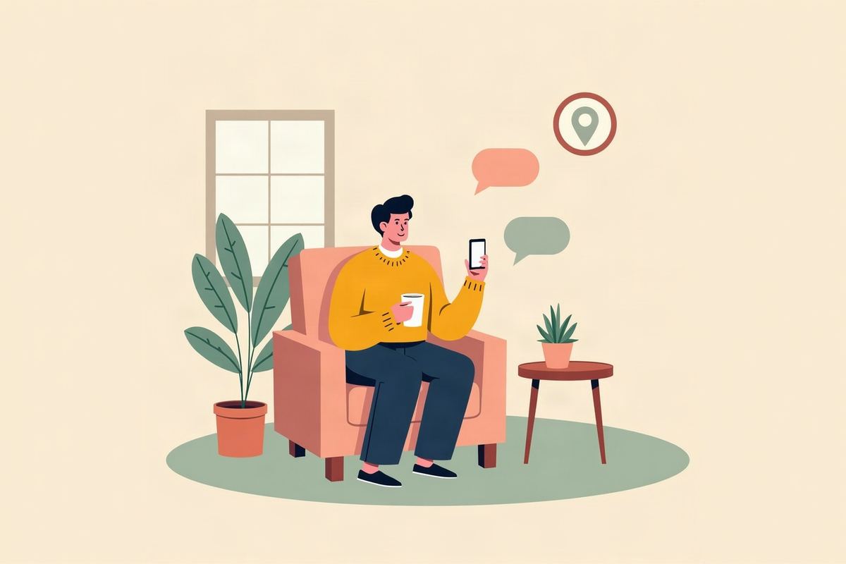 家の椅子に座って、スマートフォンのAIに修理の店を聞いている人のイラスト
