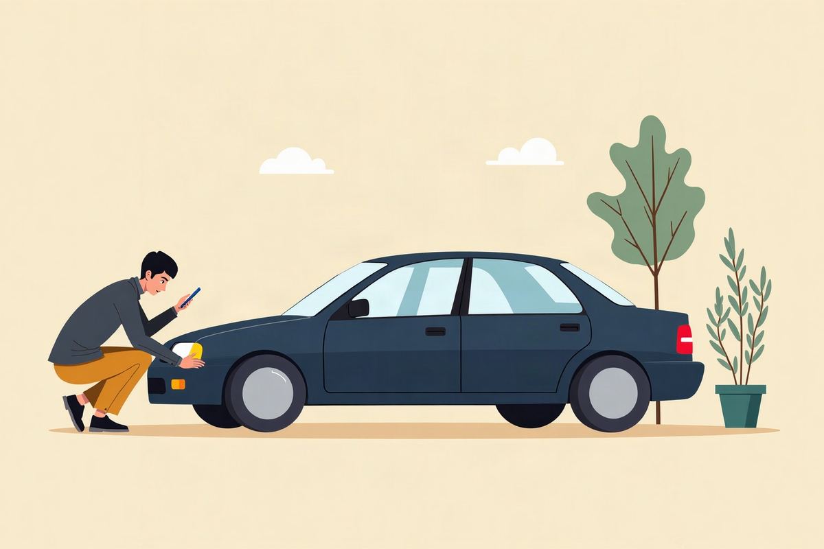 駐車場で、車のバンパーの擦り傷を見て困っている人のイラスト