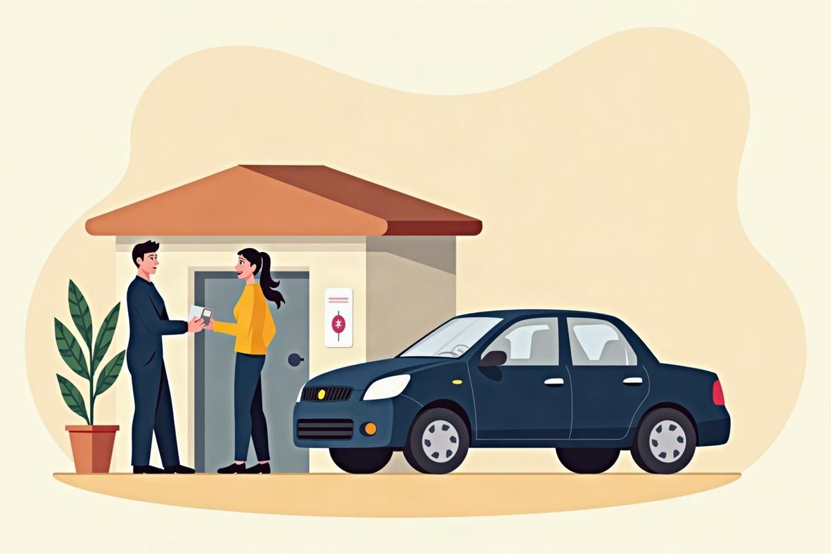 直った車の前で、お客さんに鍵と案内のカードを渡す職人のイラスト