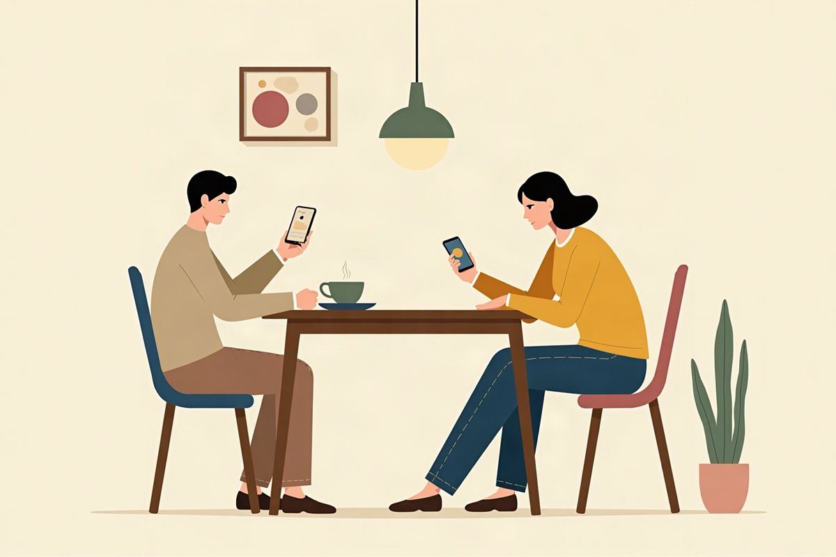 自宅のテーブルで、スマートフォンで近くの仏壇店を調べている人のイラスト