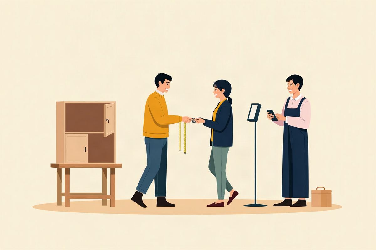 仏壇店で、夫婦が小さな仏壇の幅を巻き尺で測り、店員がそばで見守っているイラスト