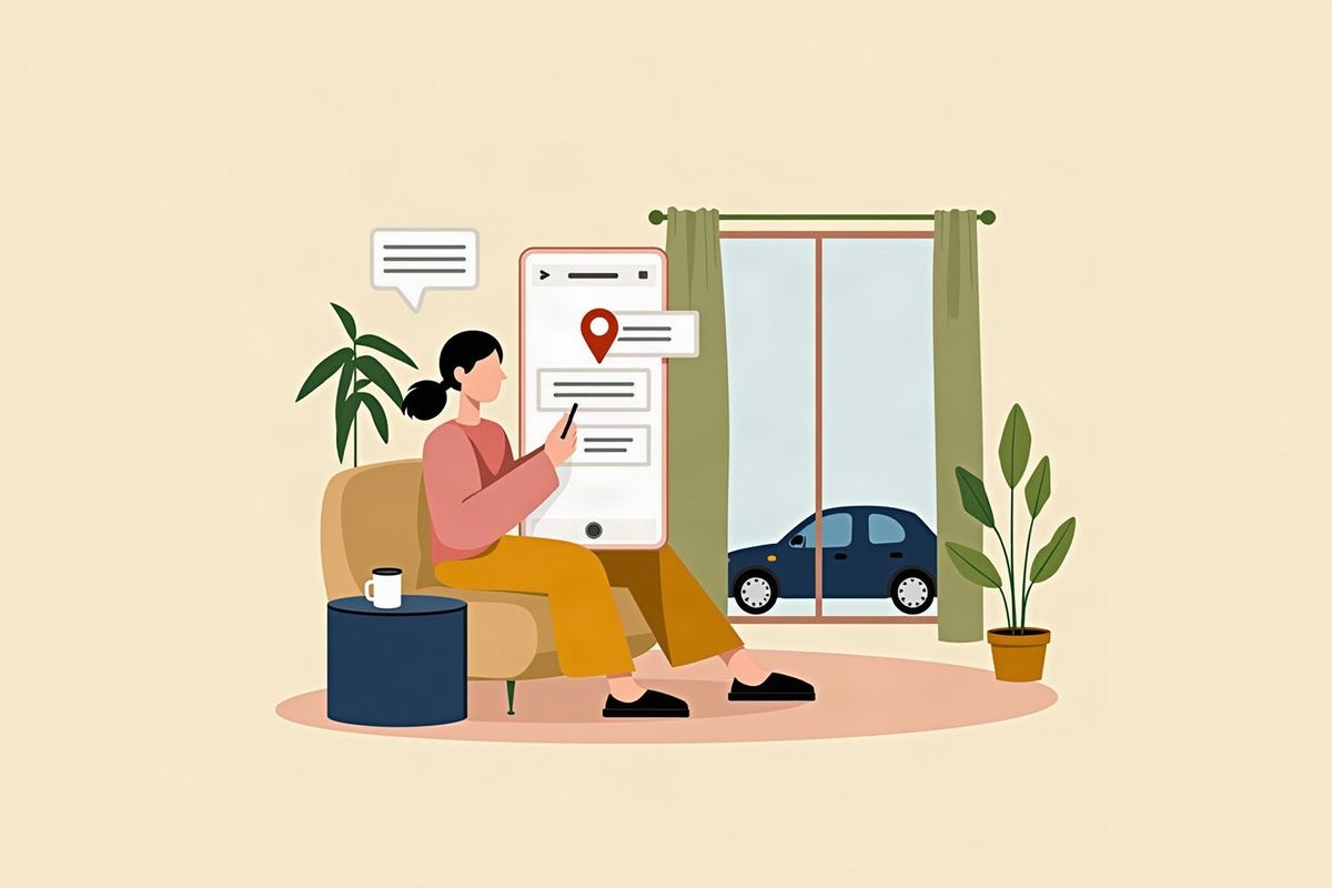 家のソファで、スマートフォンのAIにコーティングの店を聞いている人のイラスト