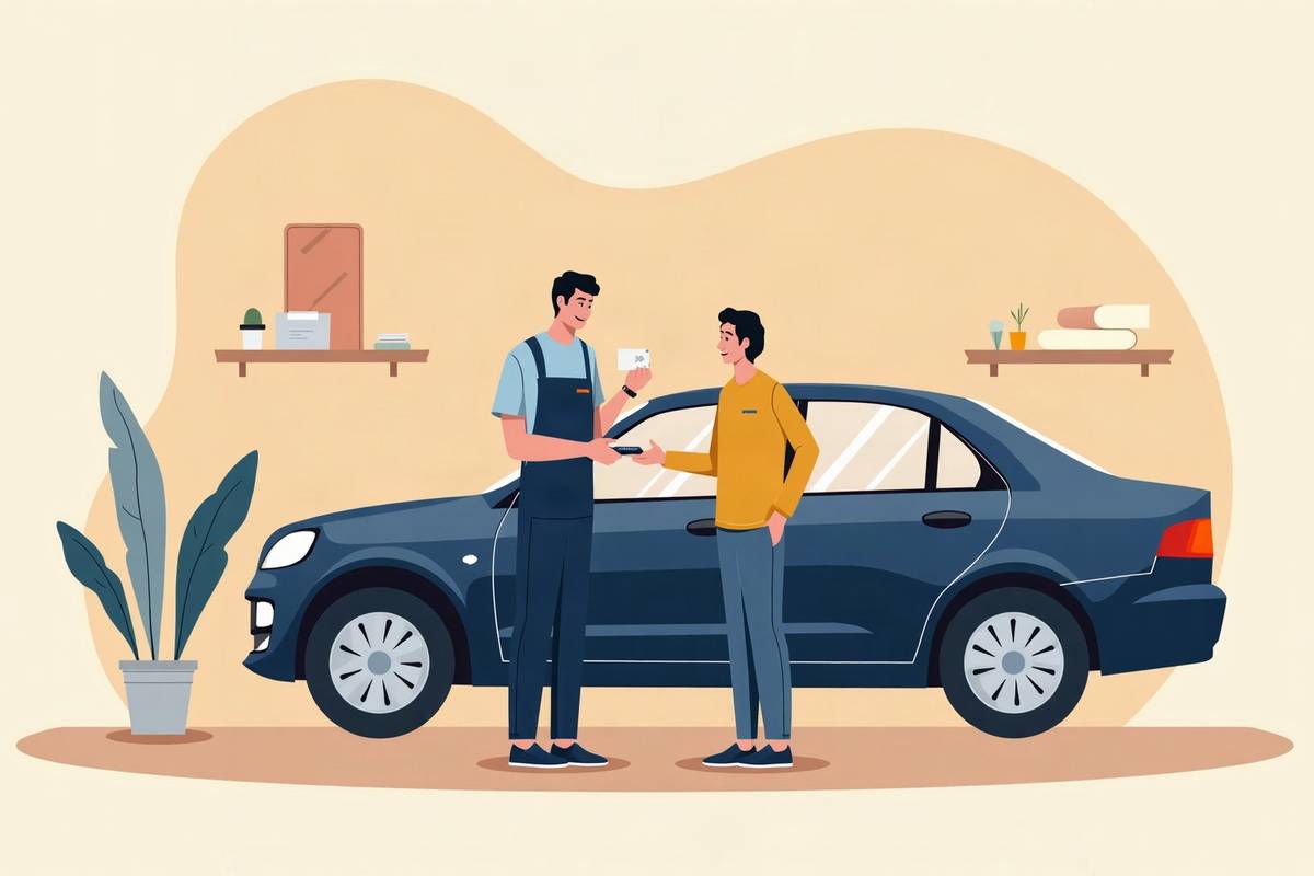 コーティングした車の前で、お客さんに案内のカードを渡す職人のイラスト