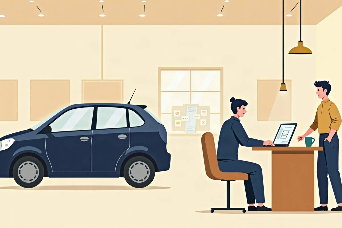 コーティングした車が乾くのを待つあいだに、作業場の机でアクセス解析を見る店主のイラスト