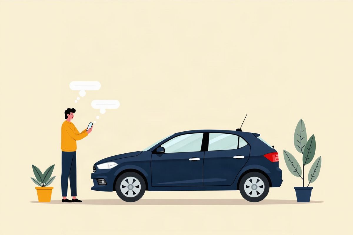 車の横でスマートフォンを見ながら、コーティングを頼むかどうか迷っている人のイラスト