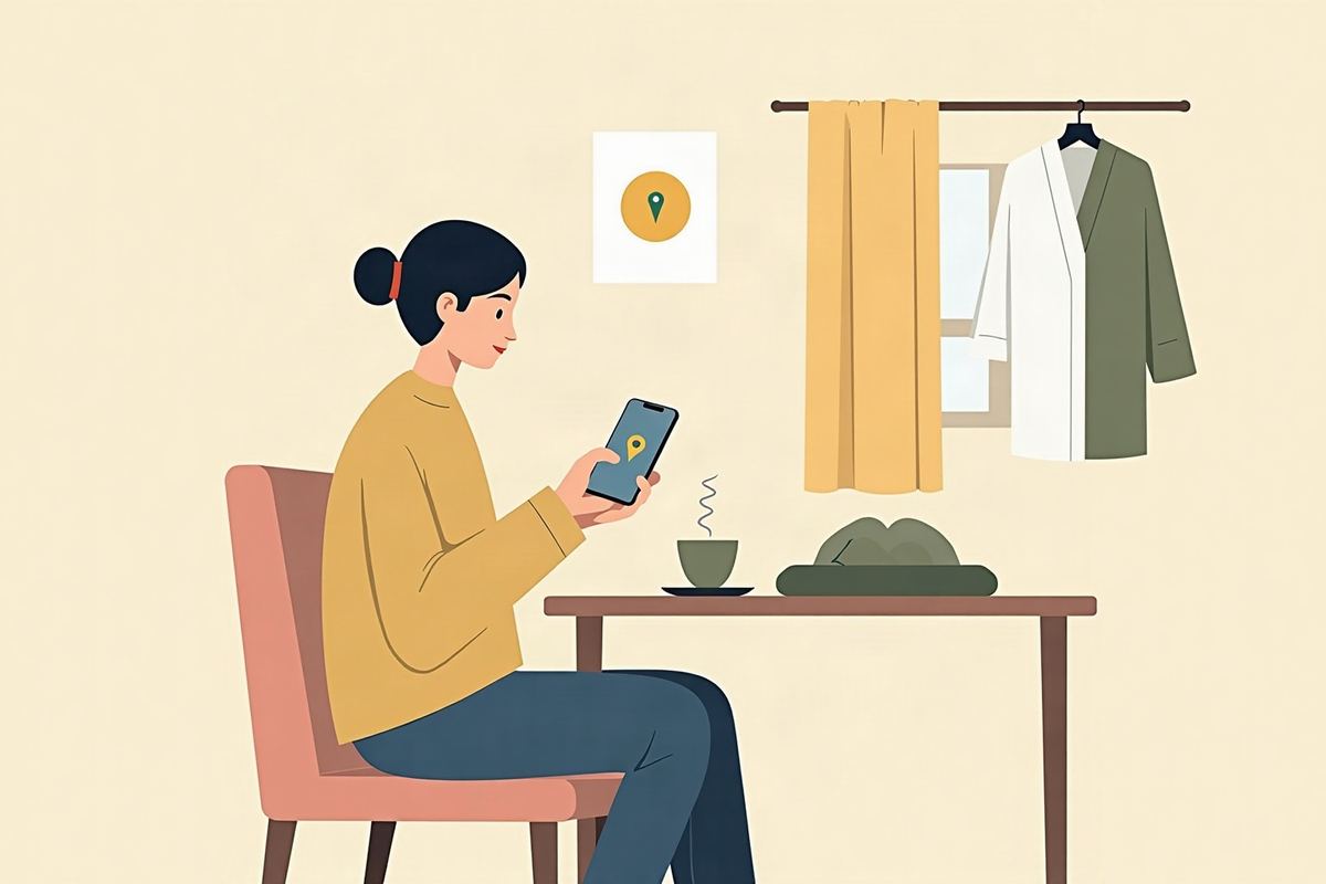 自宅のテーブルで、スマートフォンの地図を見ながら呉服店を探している人のイラスト