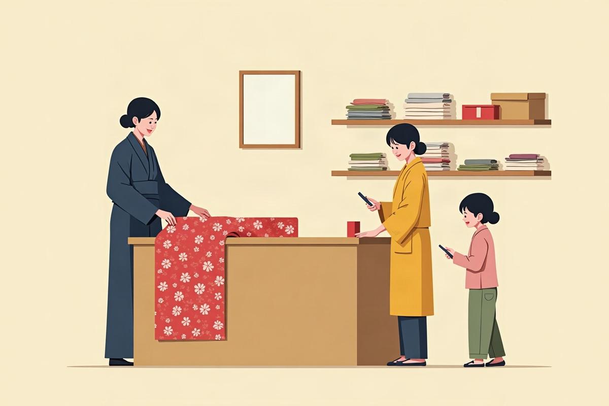 呉服店のカウンターで、店員が赤い振袖を広げ、お客さんが見ているイラスト
