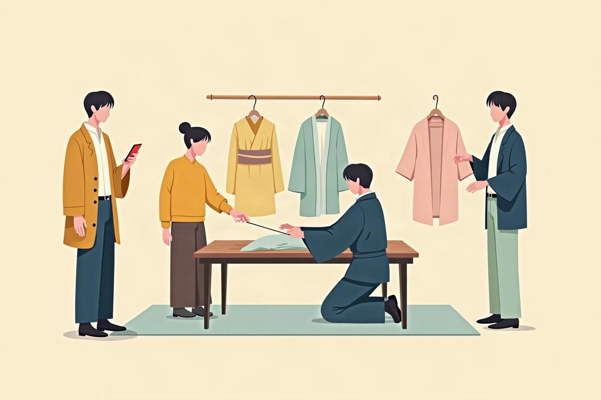 呉服店の座敷で、店員が預かった着物の状態を確かめているイラスト