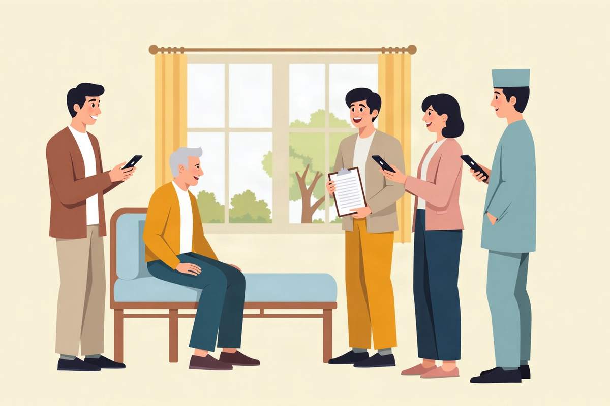 退院前の病室で、本人と家族、ケアマネジャー、病院の看護師が訪問看護の利用を話し合っているイラスト