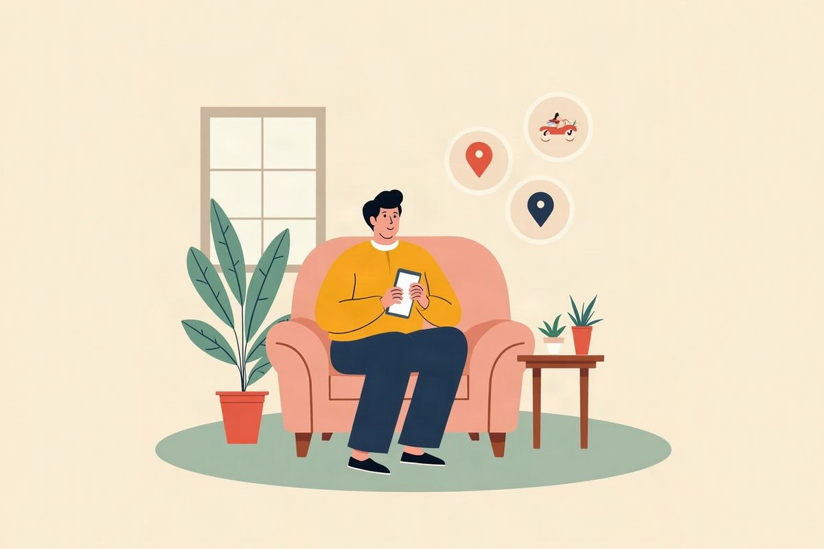 家の椅子に座って、スマートフォンのAIに自転車屋を聞いている人のイラスト