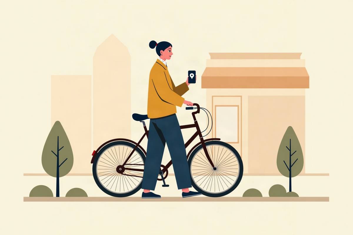 パンクした自転車を押しながら、スマートフォンの地図で近くの自転車屋を探す人のイラスト