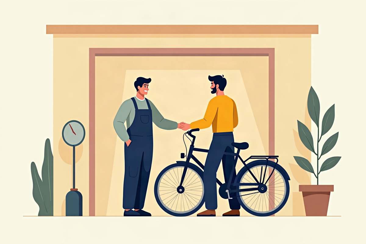 直した自転車を、店の前でお客さんに返す店主のイラスト