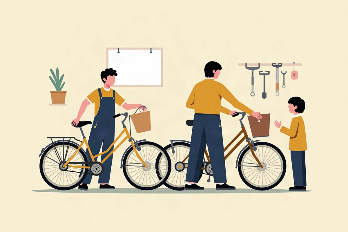 自転車屋の店内で、通学用の自転車のブレーキとタイヤを点検する店主のイラスト