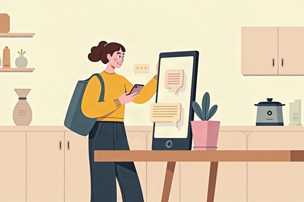 台所のテーブルで、スマートフォンのAIにお米屋さんを聞いている人のイラスト
