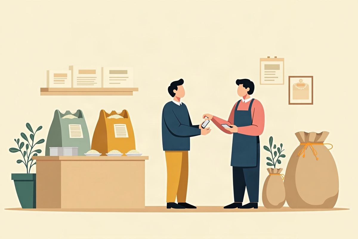 お米屋さんの店先で、お客さんが米袋を見比べ、店主が銘柄を説明しているイラスト