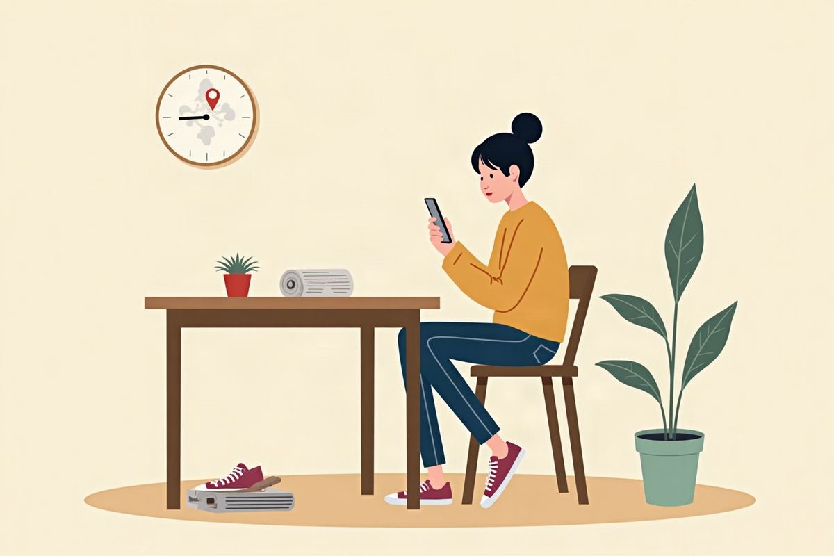 自宅でスマートフォンの地図を見ながら、近くの靴修理店を探している人のイラスト