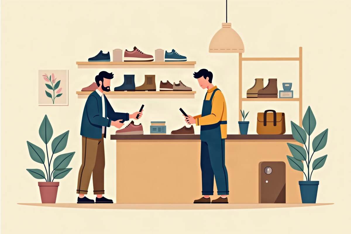 靴修理店のカウンターで、お客さんが傷んだ革靴を職人に手渡しているイラスト