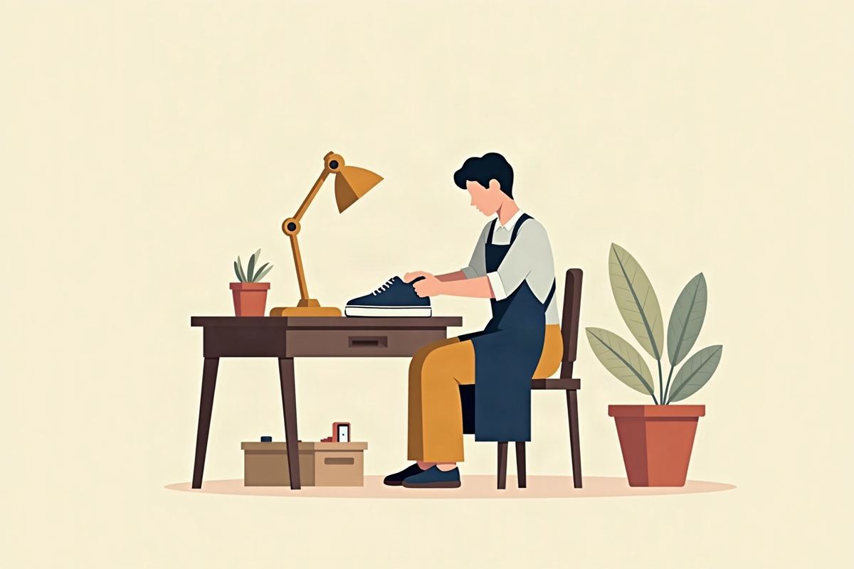 靴修理店の作業机で、職人がスニーカーのソールを丁寧に貼り付けているイラスト