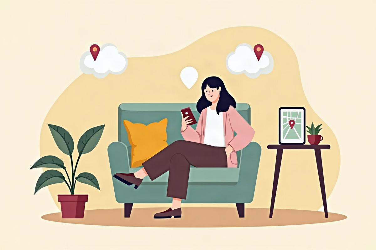 家のソファで、スマートフォンのAIに写真館を聞いている人のイラスト