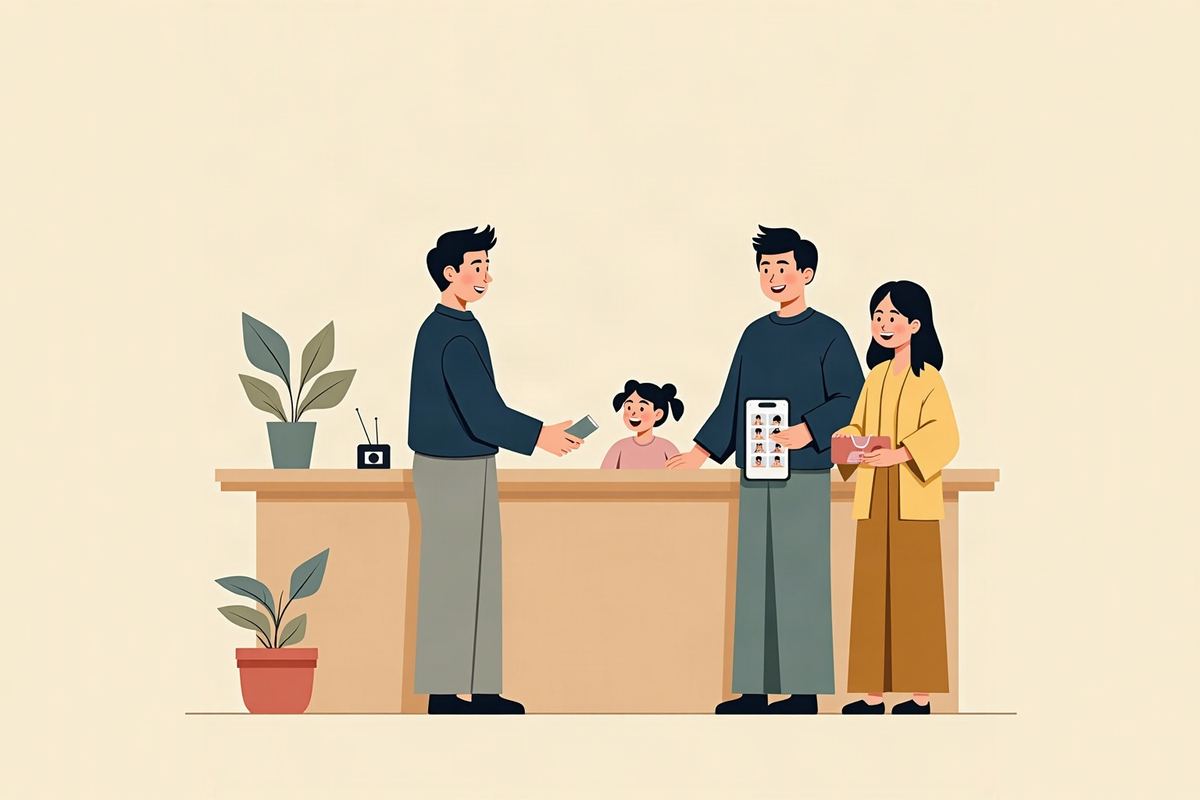 写真館の受付で、写真とカードを受け取る家族のイラスト