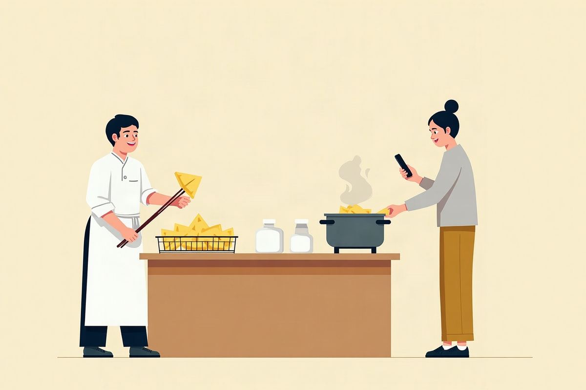 豆腐屋の店内で、職人が揚げたての三角の油揚げを鍋から引き上げ、お客さんが待っているイラスト