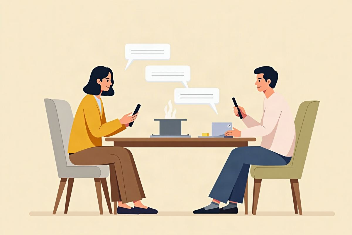 テーブルで、スマートフォンのAIに豆腐屋を聞いている人たちのイラスト