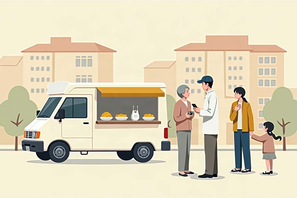 団地の前で、豆腐の移動販売車から買い物をする人たちのイラスト