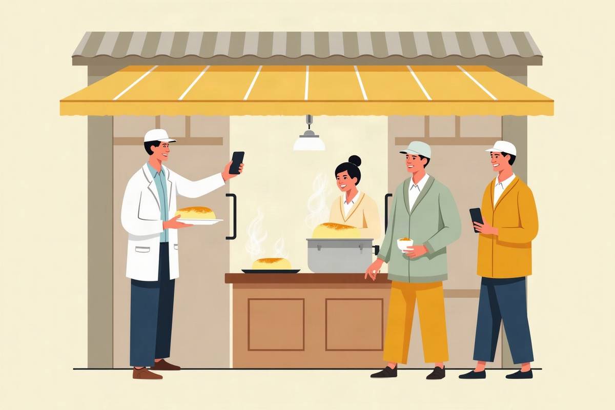 豆腐屋の店先で、店主が豆腐や揚げ物を並べ、お客さんが買い物をしているイラスト
