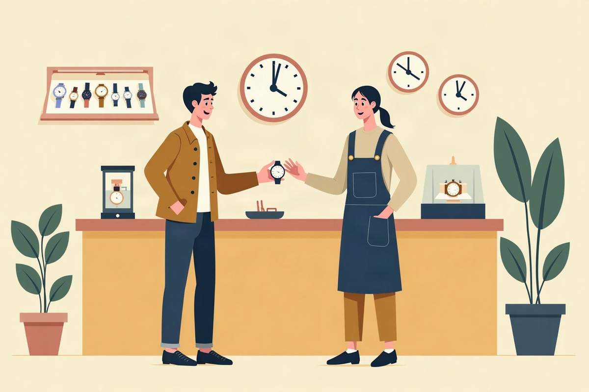 町の時計屋のカウンターで、お客さんが腕時計を店員に手渡しているイラスト