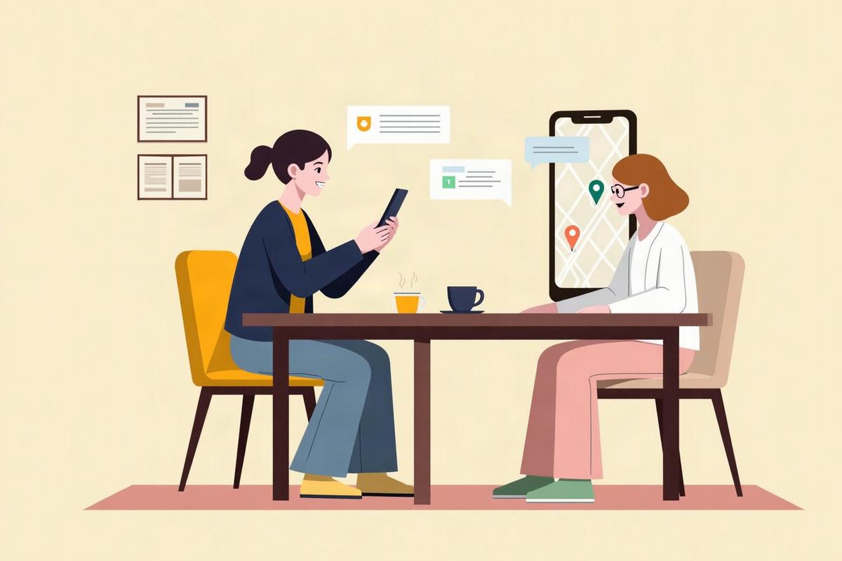 テーブルで、スマートフォンのAIに畳屋を聞いている人のイラスト