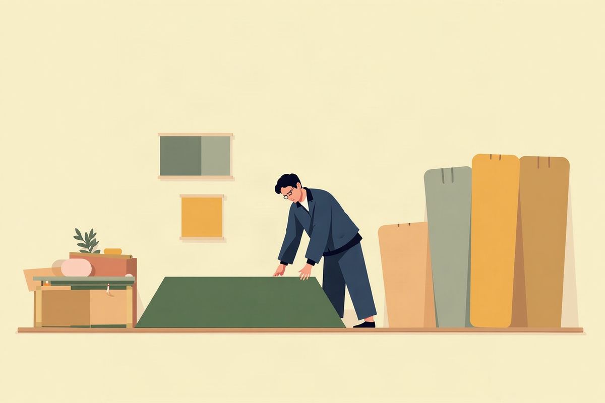 畳屋の作業場で、職人が新しい畳表を畳床に合わせているイラスト