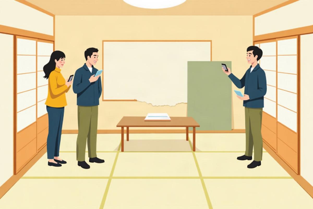 和室で、夫婦が古くなった畳と破れた障子を見ていて、畳屋の職人が畳表の見本を見せて説明しているイラスト