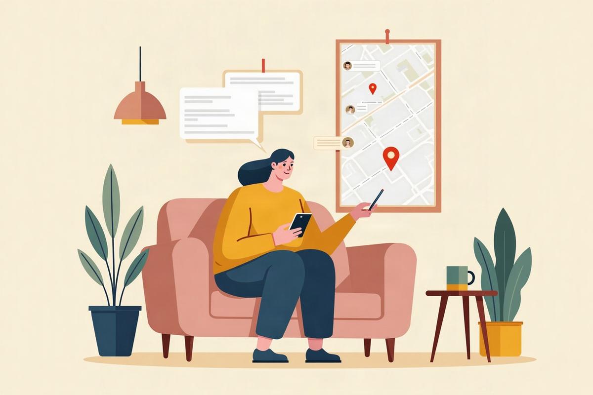 家のソファで、スマートフォンのAIに近くの植木屋を聞いている人のイラスト