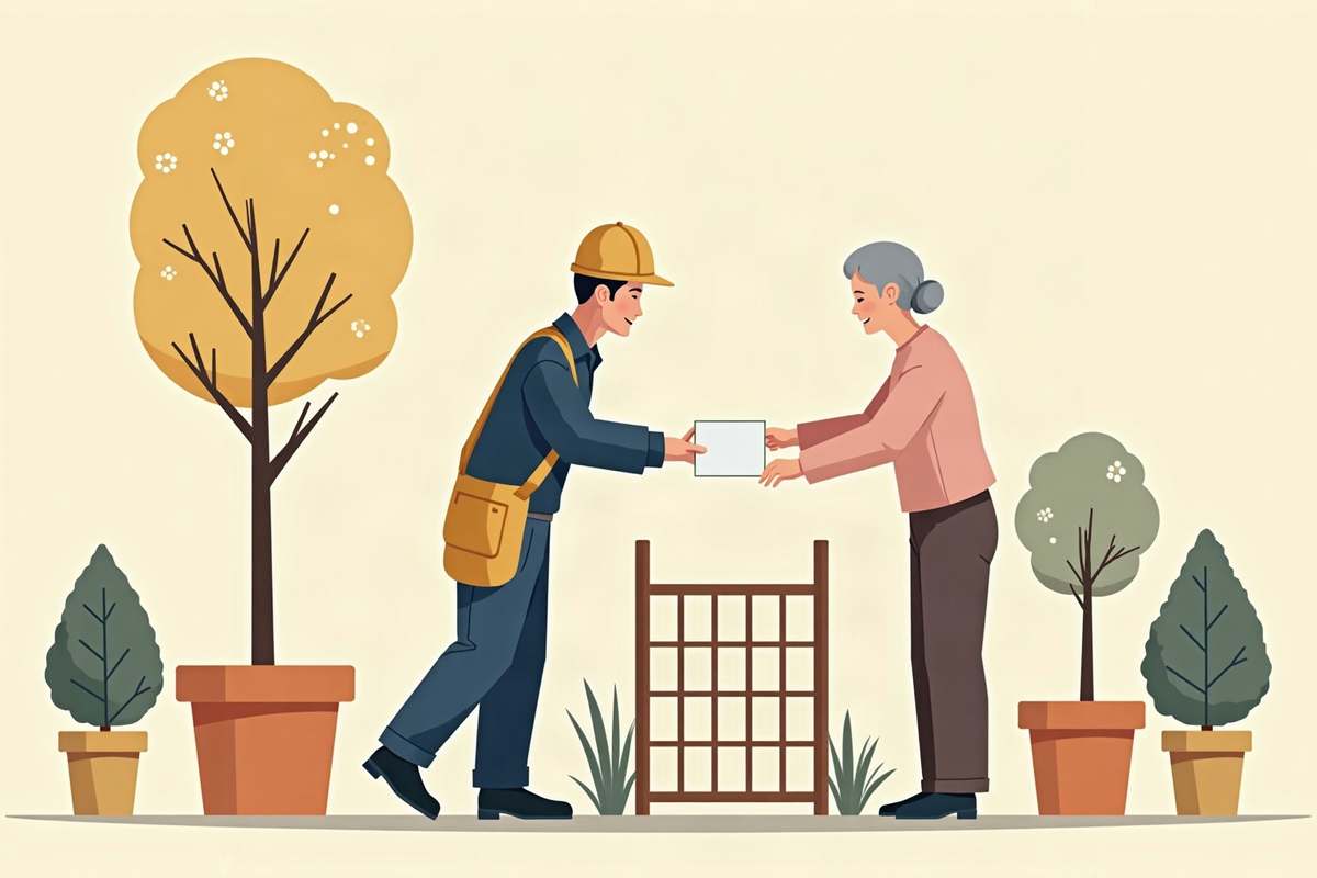 手入れの終わった庭で、次の手入れの時期を書いたカードを渡す植木屋のイラスト