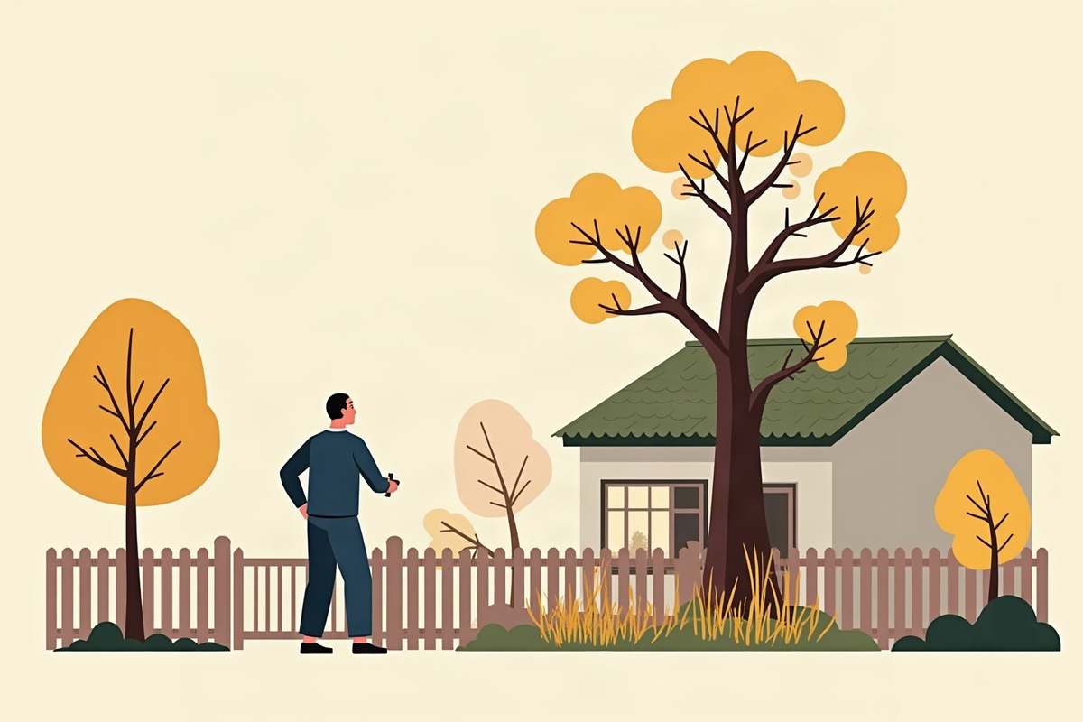 隣の家のほうへ枝が伸びた庭木を見上げて、手入れを考えている人のイラスト