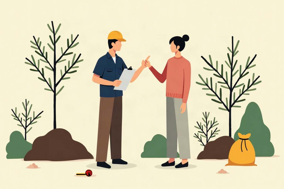 庭で木を指しながら、見積もりを説明する植木屋のイラスト