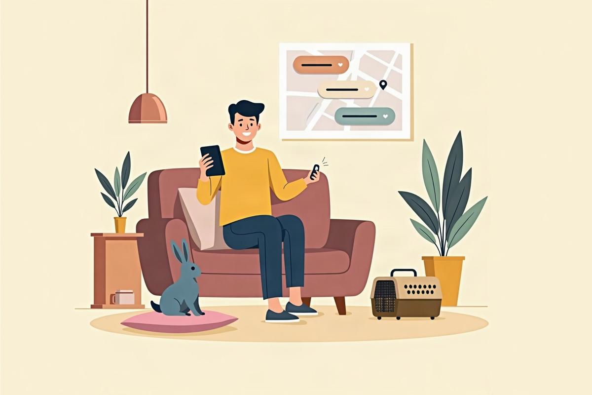 うさぎの横で、スマートフォンのAIに動物病院を聞いている飼い主のイラスト