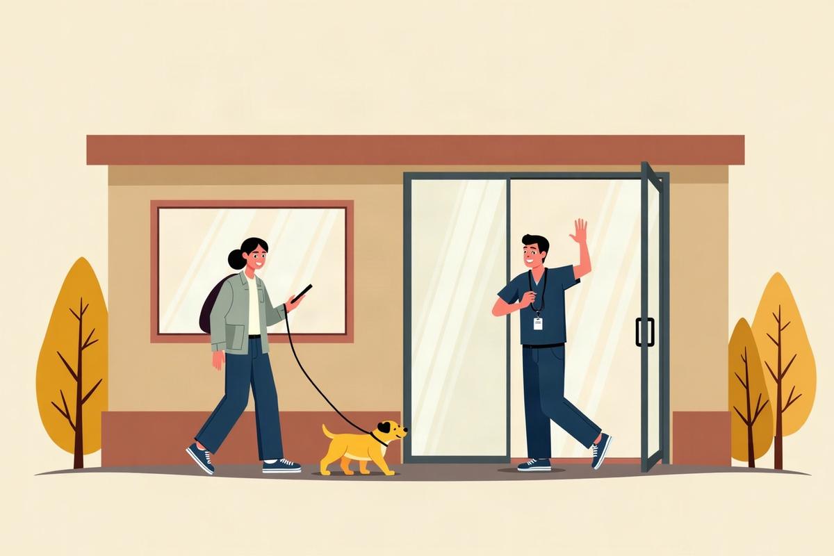診察を終えて犬と一緒に動物病院を出る飼い主と、入口で見送る獣医師のイラスト