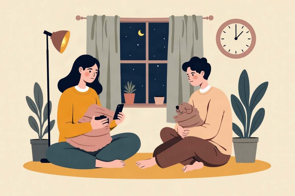 夜、毛布にくるんだ犬を抱えながら、スマートフォンで動物病院を探す飼い主のイラスト